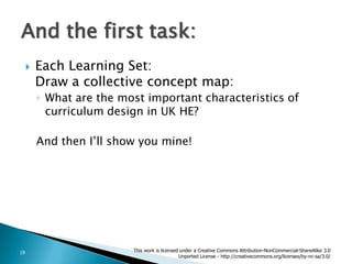 Each Learning Set:Draw a collective concept map:What are the most important characteristics of curriculum design in UK HE?And then I’ll show you mine!And the first task:This work is licensed under a Creative Commons Attribution-NonCommercial-ShareAlike 3.0 Unported License - http://creativecommons.org/licenses/by-nc-sa/3.0/19