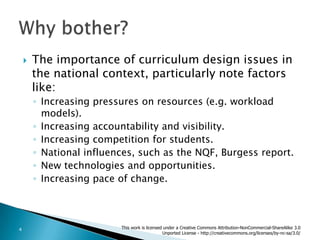 The importance of curriculum design issues in the national context, particularly note factors like:Increasing pressures on resources (e.g. workload models).Increasing accountability and visibility.Increasing competition for students.National influences, such as the NQF, Burgess report.New technologies and opportunities.Increasing pace of change.Why bother? This work is licensed under a Creative Commons Attribution-NonCommercial-ShareAlike 3.0 Unported License - http://creativecommons.org/licenses/by-nc-sa/3.0/4