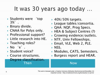 It was 30 years ago today …ThenStudents were ‘top 3%’.Binary divide.CNAA for Polysonly.Professional support?Little research into HE.Teaching roles?No ‘e’.Student voice?Course structures.Degree classification.40%/50% targets.League tables/consortia.QAA: NQF, ProgSpecs.HEA & Subject Centres (?)Growing evidence/outlets.NTF, UnivFellowships.Email, VLE, Web 2, PLE.NSS.Modules, CATS, Semesters.Burgess report and HEAR.NowThis work is licensed under a Creative Commons Attribution-NonCommercial-ShareAlike 3.0 Unported License - http://creativecommons.org/licenses/by-nc-sa/3.0/6