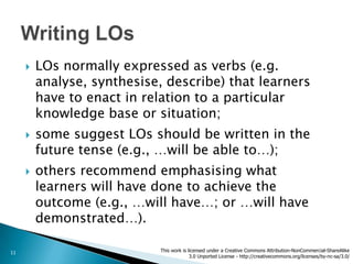    LOs normally expressed as verbs (e.g.
         analyse, synthesise, describe) that learners
         have to enact in relation to a particular
         knowledge base or situation;
        some suggest LOs should be written in the
         future tense (e.g., …will be able to…);
        others recommend emphasising what
         learners will have done to achieve the
         outcome (e.g., …will have…; or …will have
         demonstrated…).

11                           This work is licensed under a Creative Commons Attribution-NonCommercial-ShareAlike
                                           3.0 Unported License - http://creativecommons.org/licenses/by-nc-sa/3.0/
 
