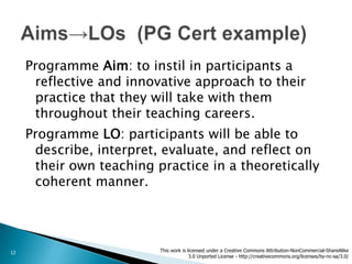 Programme Aim: to instil in participants a
      reflective and innovative approach to their
      practice that they will take with them
      throughout their teaching careers.
     Programme LO: participants will be able to
      describe, interpret, evaluate, and reflect on
      their own teaching practice in a theoretically
      coherent manner.




12                        This work is licensed under a Creative Commons Attribution-NonCommercial-ShareAlike
                                        3.0 Unported License - http://creativecommons.org/licenses/by-nc-sa/3.0/
 