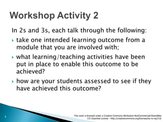 In 2s and 3s, each talk through the following:
       take one intended learning outcome from a
        module that you are involved with;
       what learning/teaching activities have been
        put in place to enable this outcome to be
        achieved?
       how are your students assessed to see if they
        have achieved this outcome?



8                          This work is licensed under a Creative Commons Attribution-NonCommercial-ShareAlike
                                         3.0 Unported License - http://creativecommons.org/licenses/by-nc-sa/3.0/
 