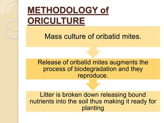 METHODOLOGY of
ORICULTURE
Litter is broken down releasing bound
nutrients into the soil thus making it ready for
planting
Release of oribatid mites augments the
process of biodegradation and they
reproduce.
Mass culture of oribatid mites.
 