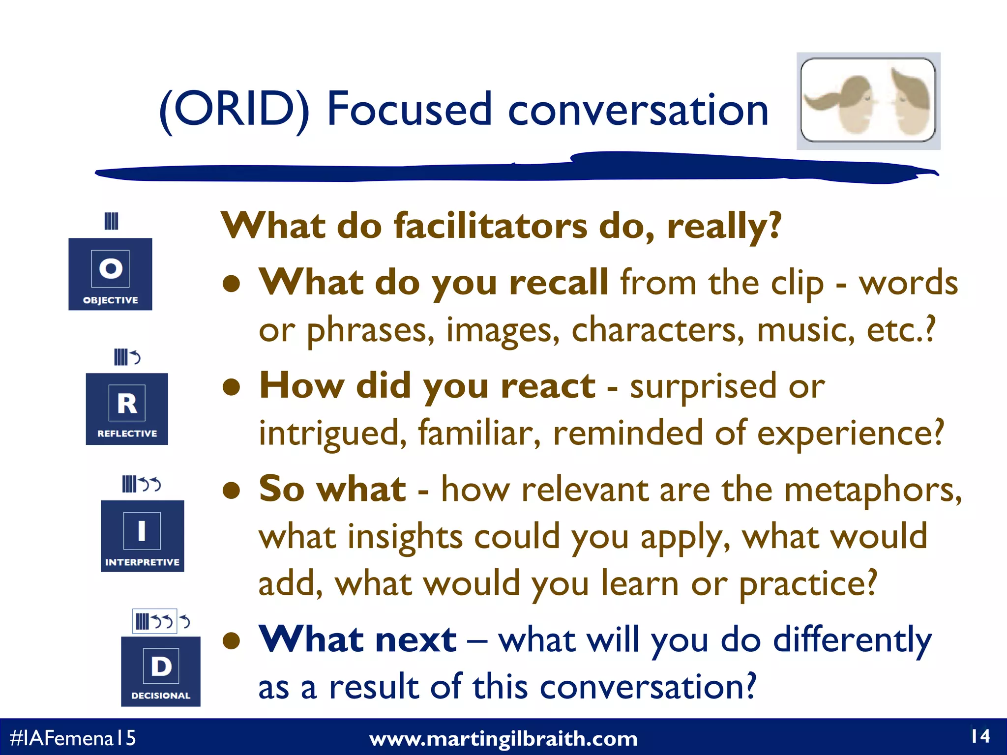 www.martingilbraith.com#IAFemena15 14
What do facilitators do, really?
 What do you recall from the clip - words
or phrases, images, characters, music, etc.?
 How did you react - surprised or
intrigued, familiar, reminded of experience?
 So what - how relevant are the metaphors,
what insights could you apply, what would
add, what would you learn or practice?
 What next – what will you do differently
as a result of this conversation?
14
(ORID) Focused conversation
 