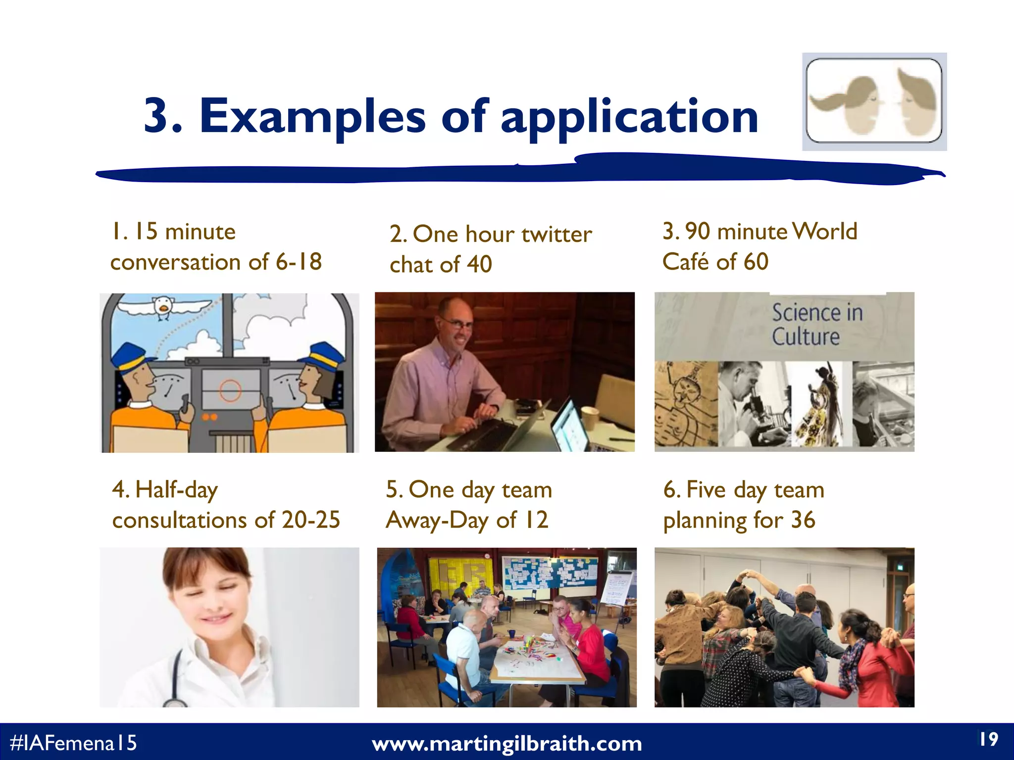 www.martingilbraith.com#IAFemena15 19
3. Examples of application
19
2. One hour twitter
chat of 40
1. 15 minute
conversation of 6-18
3. 90 minuteWorld
Café of 60
4. Half-day
consultations of 20-25
5. One day team
Away-Day of 12
6. Five day team
planning for 36
 