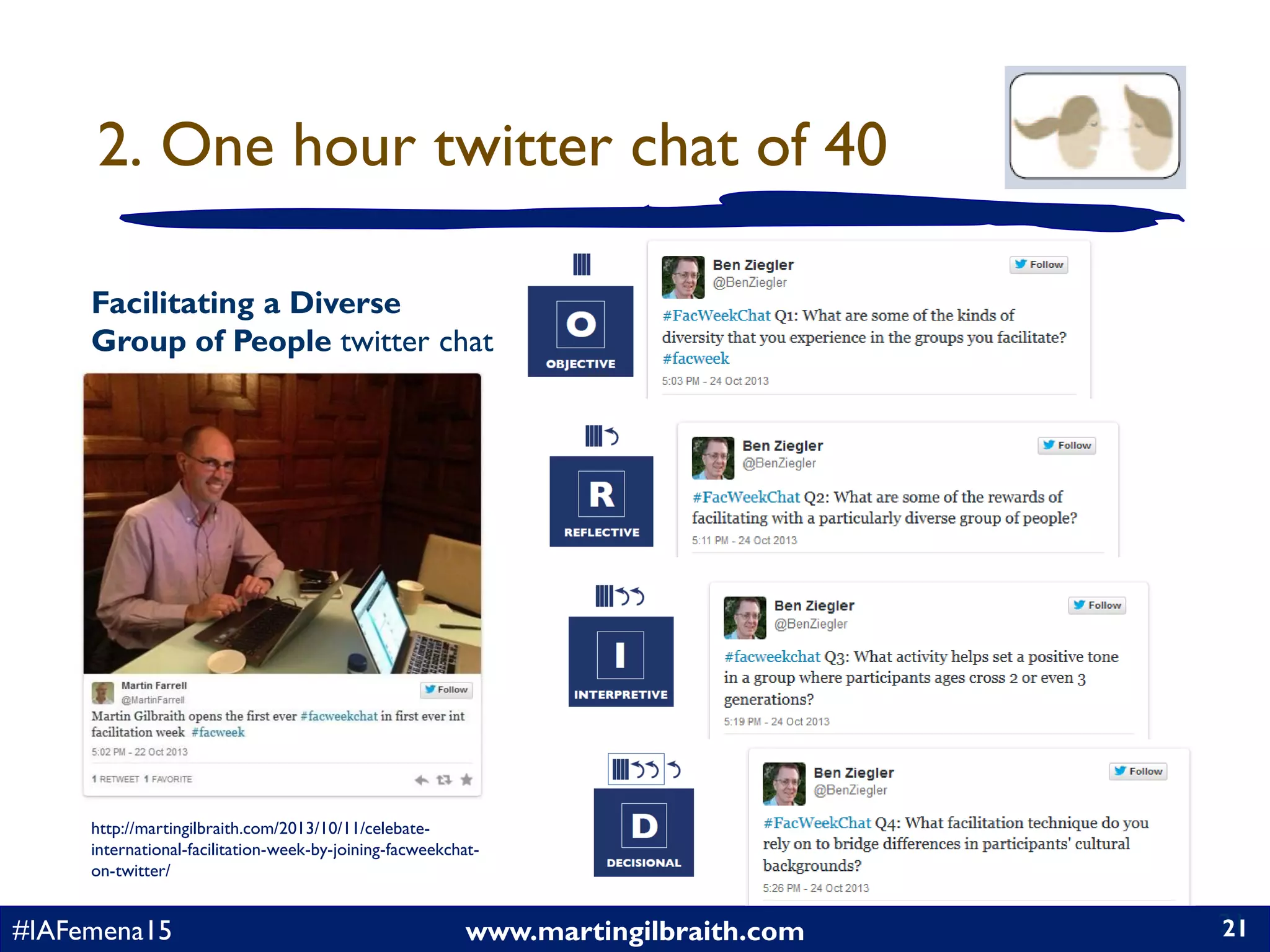 www.martingilbraith.com#IAFemena15 21
2. One hour twitter chat of 40
21
Facilitating a Diverse
Group of People twitter chat
http://martingilbraith.com/2013/10/11/celebate-
international-facilitation-week-by-joining-facweekchat-
on-twitter/
 