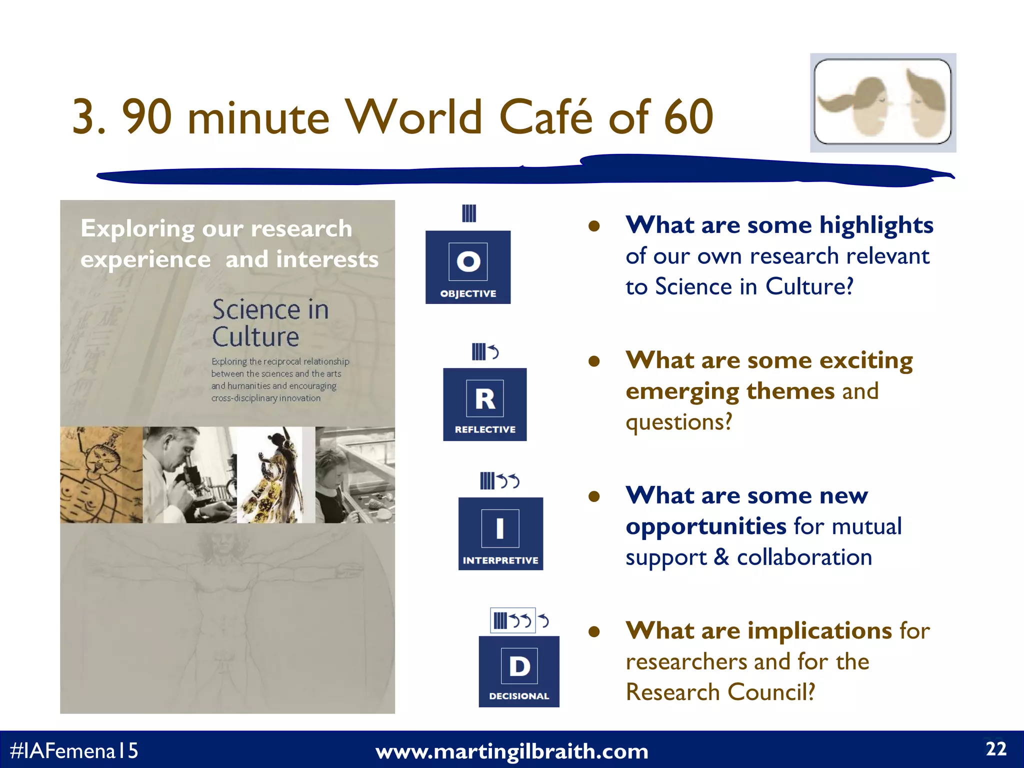 www.martingilbraith.com#IAFemena15 22
3. 90 minute World Café of 60
 What are some highlights
of our own research relevant
to Science in Culture?
 What are some exciting
emerging themes and
questions?
 What are some new
opportunities for mutual
support & collaboration
 What are implications for
researchers and for the
Research Council?
22
Exploring our research
experience and interests
 