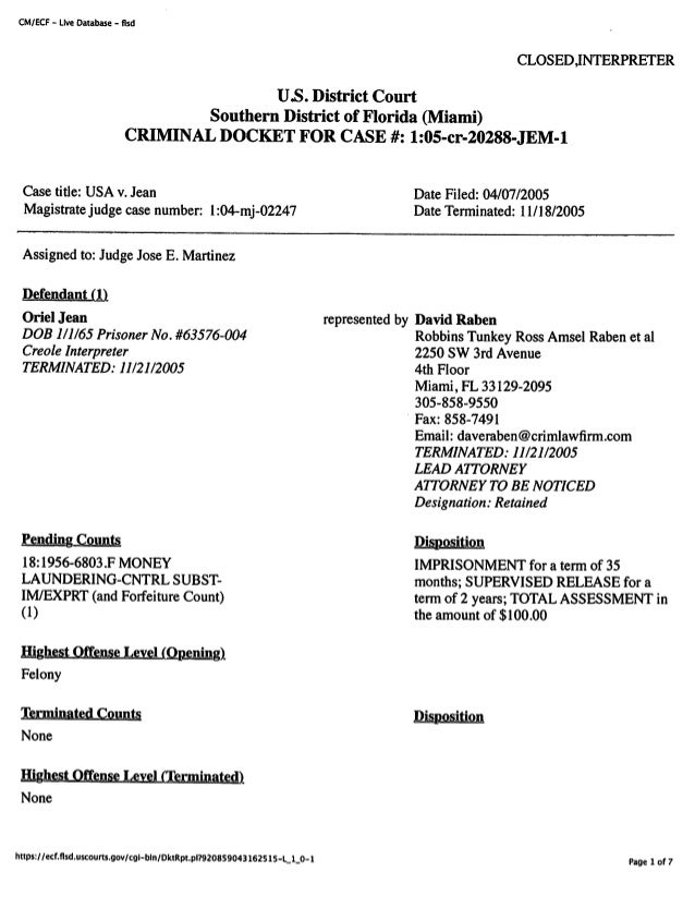 Oriel Jean Docket Sheet