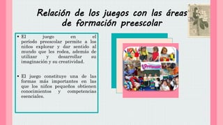 Relación de los juegos con las áreas
de formación preescolar
 El juego en el
período preescolar permite a los
niños explorar y dar sentido al
mundo que les rodea, además de
utilizar y desarrollar su
imaginación y su creatividad.
 El juego constituye una de las
formas más importantes en las
que los niños pequeños obtienen
conocimientos y competencias
esenciales.
 