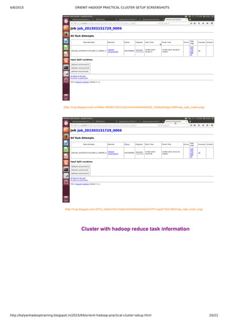 4/8/2015 ORIENIT HADOOP PRACTICAL CLUSTER SETUP SCREENSHOTS
http://kalyanhadooptraining.blogspot.in/2015/04/orienit-hadoop-practical-cluster-setup.html 20/22
[http://3.bp.blogspot.com/­xnW0bx­WSME/VSUVUyIUOdI/AAAAAAAAAZ0/_lHQ4yzKz5g/s1600/map_task_node2.png]
[http://3.bp.blogspot.com/­6iTQ_Ine6nI/VSUVUsbCslI/AAAAAAAAAZw/G7F1cnpqFYQ/s1600/map_task_node1.png]
Cluster with hadoop reduce task information
 