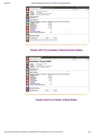 4/8/2015 ORIENIT HADOOP PRACTICAL CLUSTER SETUP SCREENSHOTS
http://kalyanhadooptraining.blogspot.in/2015/04/orienit-hadoop-practical-cluster-setup.html 3/22
[http://3.bp.blogspot.com/­J5_hi6ZyqgQ/VSUVLCKtgOI/AAAAAAAAAXY/qSeRwDiGPdM/s1600/Change_decommission.png]
Cluster with 15 Live Nodes, 2 Decommission Nodes
[http://2.bp.blogspot.com/­lnDgCQnRMSs/VSUVPPD6MgI/AAAAAAAAAYQ/9lwHL6lLUzY/s1600/Decommissioning_Info.png]
Cluster with 9 Live Nodes, 5 Dead Nodes
 