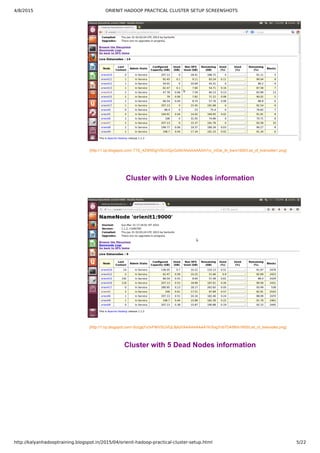 4/8/2015 ORIENIT HADOOP PRACTICAL CLUSTER SETUP SCREENSHOTS
http://kalyanhadooptraining.blogspot.in/2015/04/orienit-hadoop-practical-cluster-setup.html 5/22
[http://1.bp.blogspot.com/­TTS_4ZWIlDg/VSUVQjvGzNI/AAAAAAAAAYo/_mDai_9r_bw/s1600/List_of_livenodes1.png]
Cluster with 9 Live Nodes information
[http://1.bp.blogspot.com/­SozgqYx3vFM/VSUVQL9jA2I/AAAAAAAAAYk/XagYnb7D45M/s1600/List_of_livenodes.png]
Cluster with 5 Dead Nodes information
 