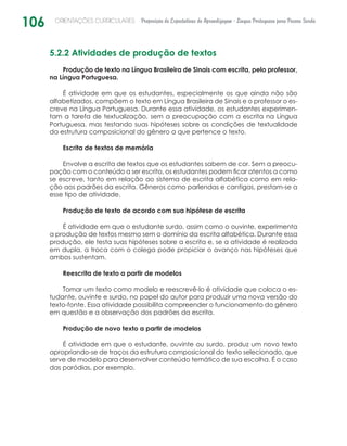 106 ORIENTAÇÕES CURRICULARES Proposição de Expectativas de Aprendizagem - Língua Portuguesa para Pessoa Surda
5.2.2 Atividades de produção de textos
Produção de texto na Língua Brasileira de Sinais com escrita, pelo professor,
na Língua Portuguesa.
É atividade em que os estudantes, especialmente os que ainda não são
alfabetizados, compõem o texto em Língua Brasileira de Sinais e o professor o es-
creve na Língua Portuguesa. Durante essa atividade, os estudantes experimen-
tam a tarefa de textualização, sem a preocupação com a escrita na Língua
Portuguesa, mas testando suas hipóteses sobre as condições de textualidade
da estrutura composicional do gênero a que pertence o texto.
Escrita de textos de memória
Envolve a escrita de textos que os estudantes sabem de cor. Sem a preocu-
pação com o conteúdo a ser escrito, os estudantes podem ficar atentos a como
se escreve, tanto em relação ao sistema de escrita alfabética como em rela-
ção aos padrões da escrita. Gêneros como parlendas e cantigas, ­prestam-se a
esse tipo de atividade.
Produção de texto de acordo com sua hipótese de escrita
É atividade em que o estudante surdo, assim como o ouvinte, experimenta
a produção de textos mesmo sem o domínio da escrita alfabética. Durante essa
produção, ele testa suas hipóteses sobre a escrita e, se a atividade é realizada
em dupla, a troca com o colega pode propiciar o avanço nas hipóteses que
ambos sustentam.
Reescrita de texto a partir de modelos
Tomar um texto como modelo e reescrevê-lo é atividade que coloca o es-
tudante, ouvinte e surdo, no papel do autor para produzir uma nova versão do
texto-fonte. Essa atividade possibilita compreender o funcionamento do gênero
em questão e a observação dos padrões da escrita.
Produção de novo texto a partir de modelos
É atividade em que o estudante, ouvinte ou surdo, produz um novo texto
apropriando-se de traços da estrutura composicional do texto selecionado, que
serve de modelo para desenvolver conteúdo temático de sua escolha. É o caso
das paródias, por exemplo.
 