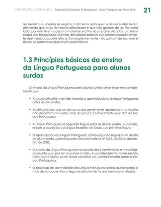 21ORIENTAÇÕES CURRICULARES Proposição de Expectativas de Aprendizagem - Língua Portuguesa para Pessoa Surda
res resistem ou mesmo se negam a dar livros para que os alunos surdos leiam,
afirmando que estes têm muita dificuldade e que não gostam de ler. Por outro
lado, por não terem acesso a materiais escritos ricos e diversificados, os alunos
surdos vão tendo cada vez mais dificuldade para ler e se tornam completamen-
te desinteressados pela leitura. Conseqüentemente, não gostam de escrever e
muitos se sentem incapacitados para fazê-lo.
1.3 Princípios básicos do ensino
da Língua Portuguesa para alunos
surdos
O ensino da Língua Portuguesa para alunos surdos deve levar em conside-
ração que:
•	 A surdez dificulta, mas não impede o aprendizado da Língua Portuguesa
pelos alunos surdos.
•	 As dificuldades que os alunos surdos geralmente apresentam na escrita
não decorrem da surdez, mas do pouco conhecimento que têm da Lín-
gua Portuguesa.
•	 A Língua Portuguesa é segunda língua para os alunos surdos, e, por isso,
requer a aquisição da Língua Brasileira de Sinais, sua primeira língua.
•	 O aprendizado da Língua Portuguesa como segunda língua é um direito
do aluno surdo, garantido pelo Decreto Federal nº 5626, de 22 de dezem-
bro de 2005.
•	 O ensino da Língua Portuguesa na escola deve contemplar a modalida-
de escrita que, por ser acessível à visão, é considerada fonte necessária
para que o aluno surdo possa constituir seu conhecimento sobre a Lín-
gua Portuguesa.
•	 O processo de aprendizado da Língua Portuguesa pelos alunos surdos é
mais demorado e não chega necessariamente aos mesmos resultados.
 