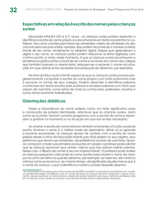32 ORIENTAÇÕES CURRICULARES Proposição de Expectativas de Aprendizagem - Língua Portuguesa para Pessoa Surda
Expectativasemrelaçãoàescritadosnomespelascrianças
surdas
Educação Infantil II (3:0 a 5;11 anos) - As crianças surdas podem aprender a
identificar a escrita do nome próprio e a reconhecê-lo em textos recorrentes no co-
tidiano, tais como convites para festas de aniversário, roteiro de atividades do dia,
comunicados aos pais e listas variadas. Elas podem reconhecer e nomear as letras
iniciais de seu nome, inicialmente no alfabeto digital. Depois que aprenderam a
digitar o seu nome, as crianças surdas podem relacionar as letras digitadas com
a forma escrita. A meta, nesse momento, é que as crianças surdas reconheçam a
semelhança gráfica entre a inicial de seu nome e as iniciais dos nomes dos colegas
que também possuem a mesma letra; arrisquem-se a escrever o nome nas situa-
ções em que assinar se faz necessário (na produção de desenhos, por exemplo).
No final da Educação Infantil, espera-se que as crianças surdas possam pro-
gressivamente conquistar a escrita do nome próprio com total autonomia e ler
e escrever os nomes de seus colegas. Podem aprender a identificar palavras
conhecidas em textos escritos pelo professor e localizar palavras num texto que
sabem de memória, como letras de músicas conhecidas, parlendas, receitas e
outros textos bastante trabalhados.
Orientações didáticas
Dada a importância do nome próprio como um fator significativo para
a construção da própria identidade, orienta-se que as crianças surdas, assim
como as ouvintes, tenham contato progressivo com a escrita do nome e apren-
dam a grafá-lo no momento e na situação em que isso se fizer necessário.
Ao ensinar a escrita do nome estamos também ensinando a função social da
escrita. Escrever o nome é o melhor modo de aprendê-lo, afinal, só se aprende
a escrever escrevendo. As crianças devem ter contato com a escrita do nome
próprio desde o início da Educação Infantil, pois ali já existem os seus objetos, seus
pertences que devem ser nomeados, de preferência ao lado de suas fotos. Quan-
do começam a fazer suas primeiras produções em papel, o professor pode solicitar
que as crianças escrevam seus nomes, mesmo que não saibam fazê-lo sozinhas.
Nesse caso, a filipeta de nomes é recurso imprescindível4
. O professor pode auxiliar
as crianças pequenas colocando-se como escriba para anotar o nome da crian-
ça no canto da folha na qual ela desenha, por exemplo: ao fazer isso, ele mostra à
criança como se escreve e, ao mesmo tempo, dá significado àquela marca que é
o nome da criança, o que a identifica e mostra a autoria daquele desenho.
4
As Orientações curriculares para a Educação Infantil (2007) ressaltam a importância do professor ter, na sala,
um quadro de pregas com filipetas com os  nomes de todas as crianças da turma. Segundo o mesmo docu-
mento, deve-se escrever com letra bastão, sempre de mesmo tamanho para que o tamanho da filipeta varie
em função do nome, dando às crianças uma importante pista sobre a organização da escrita.
 