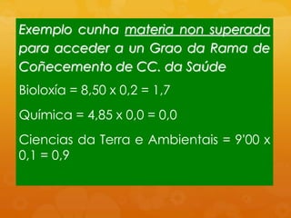 Exemplo cunha materia non superada
para acceder a un Grao da Rama de
Coñecemento de CC. da Saúde
Bioloxía = 8,50 x 0,2 = 1,7
Química = 4,85 x 0,0 = 0,0
Ciencias da Terra e Ambientais = 9’00 x
0,1 = 0,9
 
