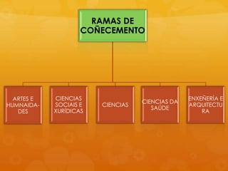 RAMAS DE
COÑECEMENTO
ARTES E
HUMNAIDA-
DES
CIENCIAS
SOCIAIS E
XURÍDICAS
CIENCIAS
CIENCIAS DA
SAÚDE
ENXEÑERÍA E
ARQUITECTU
RA
 