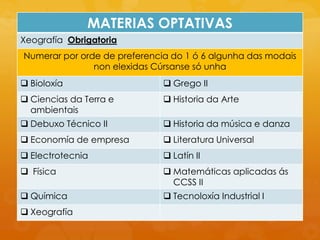 MATERIAS OPTATIVAS
Xeografía Obrigatoria
Numerar por orde de preferencia do 1 ó 6 algunha das modais
non elexidas Cúrsanse só unha
 Bioloxía  Grego II
 Ciencias da Terra e
ambientais
 Historia da Arte
 Debuxo Técnico II  Historia da música e danza
 Economía de empresa  Literatura Universal
 Electrotecnia  Latín II
 Física  Matemáticas aplicadas ás
CCSS II
 Química  Tecnoloxía Industrial I
 Xeografía
 