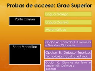 Parte común
Lingua Galega
Lingua Castelá
Matemáticas
Parte Específica
Opción A: Economía, L. Estranxeira
e Filosofía e Cidadanía
Opción B: Debuxo Técnico,
Tecnoloxía Industrial e Física
Opción C: Ciencias da Terra e
ambientáis, Química e
Bioloxía
 