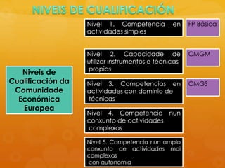 Niveis de
Cualificación da
Comunidade
Económica
Europea
Nivel 1. Competencia en
actividades simples
Nivel 2. Capacidade de
utilizar instrumentos e técnicas
propias
Nivel 3. Competencias en
actividades con dominio de
técnicas
Nivel 4. Competencia nun
conxunto de actividades
complexas
Nivel 5. Competencia nun amplo
conxunto de actividades moi
complexas
con autonomía
FP Básica
CMGM
CMGS
 