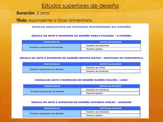 Estudos superiores de deseño
Duración: 3 anos
Título: equivalente a Grao Universitario
 