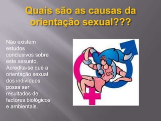 Quais são as causas da orientação sexual???Não existem estudos conclusivos sobre este assunto. Acredita-se que a orientação sexual dos indivíduos possa ser resultados de factores biológicos e ambientais.