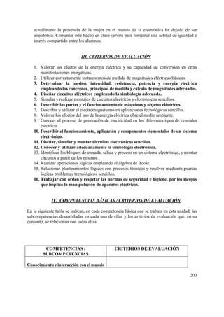 200
actualmente la presencia de la mujer en el mundo de la electrónica ha dejado de ser
anecdótica. Comentar este hecho en clase servirá para fomentar una actitud de igualdad e
interés compartido entre los alumnos.
III. CRITERIOS DE EVALUACIÓN
1. Valorar los efectos de la energía eléctrica y su capacidad de conversión en otras
manifestaciones energéticas.
2. Utilizar correctamente instrumentos de medida de magnitudes eléctricas básicas.
3. Determinar la tensión, intensidad, resistencia, potencia y energía eléctrica
empleando los conceptos, principios de medida y cálculo de magnitudes adecuados.
4. Diseñar circuitos eléctricos empleando la simbología adecuada.
5. Simular y realizar montajes de circuitos eléctricos y electrónicos sencillos.
6. Describir las partes y el funcionamiento de máquinas y objetos eléctricos.
7. Describir y utilizar el electromagnetismo en aplicaciones tecnológicas sencillas.
8. Valorar los efectos del uso de la energía eléctrica obre el medio ambiente.
9. Conocer el proceso de generación de electricidad en los diferentes tipos de centrales
eléctricas.
10. Describir el funcionamiento, aplicación y componentes elementales de un sistema
electrónico.
11. Diseñar, simular y montar circuitos electrónicos sencillos.
12. Conocer y utilizar adecuadamente la simbología electrónica.
13. Identificar los bloques de entrada, salida y proceso en un sistema electrónico, y montar
circuitos a partir de los mismos.
14. Realizar operaciones lógicas empleando el álgebra de Boole.
15. Relacionar planteamientos lógicos con procesos técnicos y resolver mediante puertas
lógicas problemas tecnológicos sencillos.
16. Trabajar con orden y respetar las normas de seguridad e higiene, por los riesgos
que implica la manipulación de aparatos eléctricos.
IV. COMPETENCIAS BÁSICAS / CRITERIOS DE EVALUACIÓN
En la siguiente tabla se indican, en cada competencia básica que se trabaja en esta unidad, las
subcompetencias desarrolladas en cada una de ellas y los criterios de evaluación que, en su
conjunto, se relacionan con todas ellas.
COMPETENCIAS /
SUBCOMPETENCIAS
CRITERIOS DE EVALUACIÓN
Conocimiento e interacción con el mundo
 