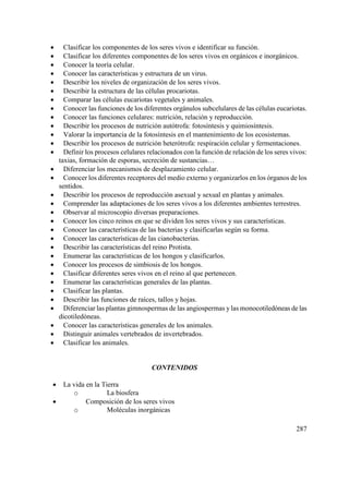 287
 Clasificar los componentes de los seres vivos e identificar su función.
 Clasificar los diferentes componentes de los seres vivos en orgánicos e inorgánicos.
 Conocer la teoría celular.
 Conocer las características y estructura de un virus.
 Describir los niveles de organización de los seres vivos.
 Describir la estructura de las células procariotas.
 Comparar las células eucariotas vegetales y animales.
 Conocer las funciones de los diferentes orgánulos subcelulares de las células eucariotas.
 Conocer las funciones celulares: nutrición, relación y reproducción.
 Describir los procesos de nutrición autótrofa: fotosíntesis y quimiosíntesis.
 Valorar la importancia de la fotosíntesis en el mantenimiento de los ecosistemas.
 Describir los procesos de nutrición heterótrofa: respiración celular y fermentaciones.
 Definir los procesos celulares relacionados con la función de relación de los seres vivos:
taxias, formación de esporas, secreción de sustancias…
 Diferenciar los mecanismos de desplazamiento celular.
 Conocer los diferentes receptores del medio externo y organizarlos en los órganos de los
sentidos.
 Describir los procesos de reproducción asexual y sexual en plantas y animales.
 Comprender las adaptaciones de los seres vivos a los diferentes ambientes terrestres.
 Observar al microscopio diversas preparaciones.
 Conocer los cinco reinos en que se dividen los seres vivos y sus características.
 Conocer las características de las bacterias y clasificarlas según su forma.
 Conocer las características de las cianobacterias.
 Describir las características del reino Protista.
 Enumerar las características de los hongos y clasificarlos.
 Conocer los procesos de simbiosis de los hongos.
 Clasificar diferentes seres vivos en el reino al que pertenecen.
 Enumerar las características generales de las plantas.
 Clasificar las plantas.
 Describir las funciones de raíces, tallos y hojas.
 Diferenciar las plantas gimnospermas de las angiospermas y las monocotiledóneas de las
dicotiledóneas.
 Conocer las características generales de los animales.
 Distinguir animales vertebrados de invertebrados.
 Clasificar los animales.
CONTENIDOS
 La vida en la Tierra
o La biosfera
 Composición de los seres vivos
o Moléculas inorgánicas
 