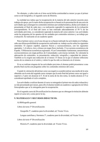 69
No obstante, y sobre todo en el área social dicha continuidad es menor ya que el primer
curso es de Geografía y el segundo curso de Historia.
La realidad nos indica que la recuperación de la materia del año anterior necesita unos
trabajos de apoyo, por lo tanto dicha recuperación se basará en la presentación de una serie de
actividades que contengan los contenidos mínimos por unidad temática, dichas actividades se
presentarán al final de cada mes y su realización supondrá la superación de la evaluación
correspondiente. Si al final del curso se han realizado adecuadamente el 50 % de las
actividades previstas, se considerará superada la materia del curso anterior. Las actividades
serán las preguntas de los apuntes de las unidades por contenidos mínimos y un trabajo por
evaluación. Se realizarán en un cuaderno aparte
Para el primer curso y en el caso de que no se hayan realizado las actividades ni el trabajo,
cabe una última posibilidad de recuperación realizando un trabajo escrito sobre los siguientes
cntenidos: El espacio español, aspectos físicos y socioeconómicos, con los siguientes
apartados: 1 el relieve, ríos y climas con mapa físico incluido. 2 Los sectores económicos de
España. 3 Diferencias económicas regionales. 4 Las Comunidades Autónomas, características
socioeconómicas con mapa político de Comunidades y provincias incluido. Se valorarán la
adecuación de contenidos, su presentación, redacción, ortografía y capacidad de síntesis.
También se le exigirá una redacción de al menos 15 líneas en la que el alumno reflexione
acerca de su estancia en el centro y valore lo que ha sido su itinerario en el mismo.
Si no se realizan ninguna de las actividades previstas el alumno podrá presentarse a una
prueba final escrita con preguntas sobre los contenidos mínimos del curso.
Cuando la valoración del primer curso sea negativa se podrá realizar una media de la nota
obtenida con la nota del segundo curso siempre que la nota final del primer curso sea igual o
superior a 3 pero sin alcanzar el 5. Si de la suma de las dos notas, la media alcanza el 5 se
considerará aprobado el ciclo completo.
Las actividades a realizar durante el curso se entregarán el primer mes de cada evaluación y
se irán presentando por meses, para ello el alumno tendrá un cuaderno o agrupación de folios
fotocopiados que se le entregarán para la recuperación.
En el segundo curso de Diversificación los alumnos que no obtengan la titulación deberán
repetir el curso tal y como prevé la ley.
9. MATERIALES Y RECURSOS DIDÁCTICOS.
A) Bibliografía general.
Libros de texto 3ª Diversificación:
Geografía 3º, cuaderno para la diversidad, ed. Vicens Vives.
Lengua castellana y literatura 3º, cuaderno para la diversidad, ed Vicens Vives.
Libros de texto 4º Diversificación:
Historia 4º, cuaderno para la diversidad, ed. Vicens Vives.
 
