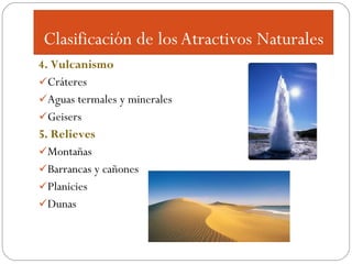 4. Vulcanismo
Cráteres
Aguas termales y minerales
Geisers
5. Relieves
Montañas
Barrancas y cañones
Planicies
Dunas

 