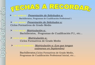 FECHAS A RECORDAR: 1-31 MARZO:   Presentación de Solicitudes a:     Bachilleratos, Programas de Cualificación Profesional I . 1-10 JULIO:   Matriculación a:   Bachilleratos,  Programas de Cualificación P.I., etc... 1-8 SEPTIEMBRE:   Matriculación a: (Los que tengan     exámenes en Septiembre)   Bachilleratos, Ciclos Formativos de Grado Medio, Programas de Cualificación Profesional Inicial, etc... 1-25 JUNIO:   Presentación de Solicitudes a:   Ciclos Formativos de Grado Medio 10-15 JULIO:   Matriculación a:   Ciclos Formativos de Grado Medio   