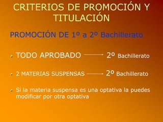 CRITERIOS DE PROMOCIÓN Y
TITULACIÓN
PROMOCIÓN DE 1º a 2º Bachillerato
TODO APROBADO 2º Bachillerato
2 MATERIAS SUSPENSAS 2º Bachillerato
Si la materia suspensa es una optativa la puedes
modificar por otra optativa
 