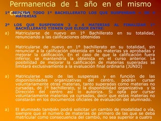 Permanencia de 1 año en el mismo
curso1º REPITEN TODO 1º BACHILLERATO LOS QUE SUSPENDAN + DE 4
MATERIAS
2º LOS QUE SUSPENDEN 3 o 4 MATERIAS AL FINALIZAR 1º
BACHILLERATO TIENEN QUE ELEGIR ENTRE:
a) Matricularse de nuevo en 1º Bachillerato en su totalidad,
renunciando a las calificaciones obtenidas
a) Matricularse de nuevo en 1º bachillerato en su totalidad, sin
renunciar a la calificación obtenida en las materias ya aprobadas y
mejorar la calificación. En el caso de que la calificación fuera
inferior, se mantendría la obtenida en el curso anterior. La
posibilidad de mejorar la calificación de materias superadas se
limitará exclusivamente a la evaluación final ordinaria (JUNIO)
a) Matricularse solo de las suspensas y en función de las
disponibilidades organizativas del centro, podrán cursar
voluntariamente otras materias, tanto superadas como materias no
cursadas, de 1º bachillerato, si la disponibilidad organizativa y la
Dirección del centro así lo autoriza. Si opta por cursar
voluntariamente materias ya cursadas, decir que estas materias no
constarán en los documentos oficiales de evaluación del alumnado.
a) El alumnado también podrá solicitar un cambio de modalidad o vía,
siempre que el número de materias de primero de las que se deba
matricular como consecuencia del cambio, no sea superior a cuatro
 