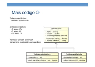 Mais código J
Colaborador Horista:
- salario * quantHoras
ColaboradorSalario:
- 3 anos: 4 %
- 5 anos: 5%
- 10 anos: 7%
Fornecer também construtor
para criar o objeto sobrecarregando-os
 