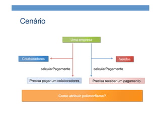Cenário
Uma empresa
Colaboradores Vendas
Precisa receber um pagamento.Precisa pagar um colaboradores
calcularPagamento calcularPagamento
Como atribuir polimorfismo?
 