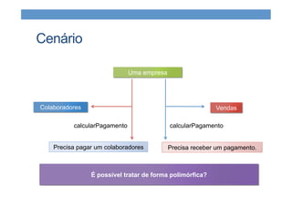 Cenário
Uma empresa
Colaboradores Vendas
Precisa receber um pagamento.Precisa pagar um colaboradores
calcularPagamento calcularPagamento
É possível tratar de forma polimórfica?
 