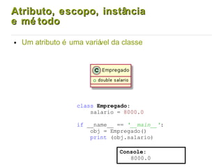 Atributo, escopo, instânciaAtributo, escopo, instância
e mé todoe mé todo
● Um atributo é uma variável da classe
class Empregado:
salario = 8000.0
if __name__ == '__main__':
obj = Empregado()
print (obj.salario)
Console:
8000.0
 