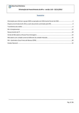 Nota Fiscal Eletrônica

Orientação de Preenchimento da NF-e - versão 1.05 – 22/11/2012

Sumário
Orientação para informar o grupo ICMS na operação com Diferimento Parcial do ICMS...................................... 3
Dispensa da emissão da DI, DSI ou outro documento controlado pela RFB ........................................................... 4
Transferência de crédito ......................................................................................................................................... 6
NF-e Complementar .............................................................................................................................................. 12
Ressarcimento de ST ............................................................................................................................................. 18
Venda de Mercadoria a Pessoa Física Estrangeira ................................................................................................ 22
Mercadoria com unidade comercial diferente da unidade tributada................................................................... 25
NF-e destinada a Zona Franca de Manaus (ZFM) ................................................................................................. 28
Simples Nacional ................................................................................................................................................... 32

_________________________________________________________________________________________
Pág. 2 / 51

 