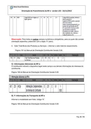 Nota Fiscal Eletrônica

Orientação de Preenchimento da NF-e - versão 1.05 – 22/11/2012

Observação: Para todos os outros campos numéricos e obrigatórios, para os quais não constar
orientação específica, preencher com o dígito “0” (zero).
4. Valor Total Bruto dos Produtos ou Serviços – informar o valor total do ressarcimento.
Página 161 do Manual de Orientação Contribuinte Versão 5.00:

C) Informações Adicionais da NF-e:
O contribuinte indicará o dispositivo legal neste campo e as demais informações de interesse do
contribuinte.
Página 198 do Manual de Orientação Contribuinte Versão 5.00:

D) F- Informações do Transporte da NF-e
Informar a modalidade sem frete, código “9”.
Página 196 do Manual de Orientação Contribuinte Versão 5.00:

_________________________________________________________________________________________
Pág. 21 / 51

 