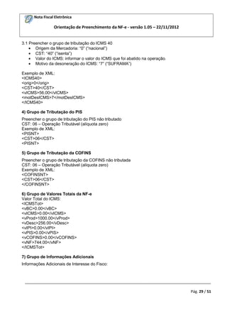 Nota Fiscal Eletrônica

Orientação de Preenchimento da NF-e - versão 1.05 – 22/11/2012

3.1 Preencher o grupo de tributação do ICMS 40
Origem da Mercadoria: “0” (“nacional”)
CST: “40” (“isenta”)
Valor do ICMS: informar o valor do ICMS que foi abatido na operação.
Motivo da desoneração do ICMS: “7” (“SUFRAMA”)
Exemplo de XML:
<ICMS40>
<orig>0</orig>
<CST>40</CST>
<vICMS>56.00</vICMS>
<motDesICMS>7</motDesICMS>
</ICMS40>
4) Grupo de Tributação do PIS
Preencher o grupo de tributação do PIS não tributado
CST: 06 – Operação Tributável (alíquota zero)
Exemplo de XML:
<PISNT>
<CST>06</CST>
<PISNT>
5) Grupo de Tributação da COFINS
Preencher o grupo de tributação da COFINS não tributada
CST: 06 – Operação Tributável (alíquota zero)
Exemplo de XML:
<COFINSNT>
<CST>06</CST>
</COFINSNT>
6) Grupo de Valores Totais da NF-e
Valor Total do ICMS:
<ICMSTot>
<vBC>0.00</vBC>
<vICMS>0.00</vICMS>
<vProd>1000.00</vProd>
<vDesc>256.00</vDesc>
<vIPI>0.00</vIPI>
<vPIS>0.00</vPIS>
<vCOFINS>0.00</vCOFINS>
<vNF>744.00</vNF>
</ICMSTot>
7) Grupo de Informações Adicionais
Informações Adicionais de Interesse do Fisco:

_________________________________________________________________________________________
Pág. 29 / 51

 