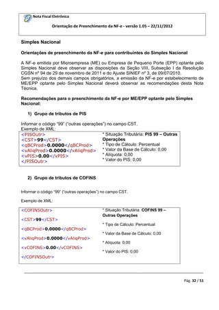 Nota Fiscal Eletrônica

Orientação de Preenchimento da NF-e - versão 1.05 – 22/11/2012

Simples Nacional
Orientações de preenchimento da NF-e para contribuintes do Simples Nacional
A NF-e emitida por Microempresa (ME) ou Empresa de Pequeno Porte (EPP) optante pelo
Simples Nacional deve observar as disposições da Seção VIII, Subseção I da Resolução
CGSN nº 94 de 29 de novembro de 2011 e do Ajuste SINIEF nº 3, de 09/07/2010.
Sem prejuízo dos demais campos obrigatórios, a emissão da NF-e por estabelecimento de
ME/EPP optante pelo Simples Nacional deverá observar as recomendações desta Nota
Técnica.
Recomendações para o preenchimento da NF-e por ME/EPP optante pelo Simples
Nacional:
1) Grupo de tributos de PIS
Informar o código “99” (“outras operações”) no campo CST.
Exemplo de XML:
* Situação Tributária: PIS 99 – Outras
<PISOutr>
Operações
<CST>99</CST>
* Tipo de Cálculo: Percentual
<qBCProd>0.0000</qBCProd>
<vAliqProd>0.0000</vAliqProd> * Valor da Base de Cálculo: 0,00
* Alíquota: 0,00
<vPIS>0.00</vPIS>
* Valor do PIS: 0,00
</PISOutr>

2) Grupo de tributos de COFINS
Informar o código “99” (“outras operações”) no campo CST.
Exemplo de XML:
<COFINSOutr>
<CST>99</CST>
<qBCProd>0.0000</qBCProd>
<vAliqProd>0.0000</vAliqProd>

* Situação Tributária: COFINS 99 –
Outras Operações
* Tipo de Cálculo: Percentual
* Valor da Base de Cálculo: 0,00
* Alíquota: 0,00

<vCOFINS>0.00</vCOFINS>
* Valor do PIS: 0,00
</COFINSOutr>

_________________________________________________________________________________________
Pág. 32 / 51

 