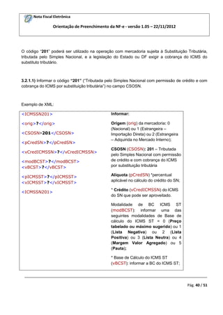 Nota Fiscal Eletrônica

Orientação de Preenchimento da NF-e - versão 1.05 – 22/11/2012

O código “201” poderá ser utilizado na operação com mercadoria sujeita à Substituição Tributária,
tributada pelo Simples Nacional, e a legislação do Estado ou DF exigir a cobrança do ICMS do
substituto tributário.

3.2.1.1) Informar o código “201” (“Tributada pelo Simples Nacional com permissão de crédito e com
cobrança do ICMS por substituição tributária”) no campo CSOSN.

Exemplo de XML:
<ICMSSN201>

Informar:

<orig>?</orig>

Origem (orig) da mercadoria: 0
(Nacional) ou 1 (Estrangeira –
Importação Direta) ou 2 (Estrangeira
– Adquirida no Mercado Interno);

<CSOSN>201</CSOSN>
<pCredSN>?</pCredSN>
<vCredICMSSN>?</vCredICMSSN>
<modBCST>?</modBCST>
<vBCST>?</vBCST>

CSOSN (CSOSN): 201 – Tributada
pelo Simples Nacional com permissão
de crédito e com cobrança do ICMS
por substituição tributária

<pICMSST>?</pICMSST>
<vICMSST>?</vICMSST>

Alíquota (pCredSN) *percentual
aplicável no cálculo do crédito do SN;

<ICMSSN201>

* Crédito (vCredICMSSN) do ICMS
do SN que pode ser aproveitado.
Modalidade de BC ICMS ST
(modBCST): informar uma das
seguintes modalidades de Base de
cálculo do ICMS ST = 0 (Preço
tabelado ou máximo sugerido) ou 1
(Lista Negativa) ou 2 (Lista
Positiva) ou 3 (Lista Neutra) ou 4
(Margem Valor Agregado) ou 5
(Pauta);
* Base de Cálculo do ICMS ST
(vBCST): informar a BC do ICMS ST;

_________________________________________________________________________________________
Pág. 40 / 51

 