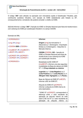 Nota Fiscal Eletrônica

Orientação de Preenchimento da NF-e - versão 1.05 – 22/11/2012
O código “203” será utilizado na operação com mercadoria sujeita à Substituição Tributária, pelo
contribuinte substituto tributário, com isenção do ICMS estabelecida pelo Estado ou DF,
consequentemente o remetente não poderá conceder o crédito do ICMS.

3.2.3.1) Informar o código “203” (“Isenção do ICMS no Simples Nacional para faixa de receita bruta e
com cobrança do ICMS por substituição tributária”) no campo CSOSN.

Exemplo de XML:
<ICMSSN203>

Informar:

<orig>?</orig>

Origem (orig) da mercadoria: 0
(Nacional) ou 1 (Estrangeira –Importação
Direta) ou 2 (Estrangeira – Adquirida no
Mercado Interno);

<CSOSN>203</CSOSN>
<modBCST>?</modBCST>
<vBCST>?</vBCST>
<pICMSST>?</pICMSST>
<vICMSST>?</vICMSST>
<ICMSSN203>

CSOSN (CSOSN): 203 – Isenção do
ICMS no Simples Nacional para faixa de
receita bruta e com cobrança do ICMS
por substituição tributária
Modalidade de BC ICMS ST
(modBCST): informar uma das seguintes
modalidades de Base de cálculo do ICMS
ST = 0 (Preço tabelado ou máximo
sugerido) ou 1 (Lista Negativa) ou 2
(Lista Positiva) ou 3 (Lista Neutra) ou 4
(Margem Valor Agregado) ou 5 (Pauta);
Base de Cálculo do ICMS ST (vBCST):
informar a BC do ICMS ST;
Alíquota do ICMS ST (pICMSST):
informar a alíquota do ICMS interna do
ente destinatário.
**ICMS ST (vICMSST): corresponderá à
diferença entre: o valor resultante da
aplicação da alíquota interna do ente
sobre a BC da ST e o valor resultante da
aplicação da alíquota interna ou

_________________________________________________________________________________________
Pág. 44 / 51

 