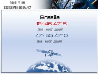 COMO LER UMA
COORDENADA GEOGRÁFICA
Brasília:
15º 46' 47" S
47º 55' 47" O
GRAUS MINUTOS SEGUNDOS
GRAUS MINUTOS SEGUNDOS
 