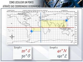 Exemplo 1:
20º S
50º O
COMO LOCALIZAR UM PONTO
ATRAVÉS DAS COORDENADAS GEOGRÁFICAS
Exemplo 2:
40º N
140º L
 