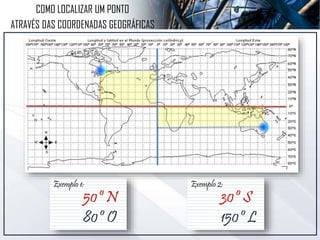 Exemplo 1:
50º N
80º O
COMO LOCALIZAR UM PONTO
ATRAVÉS DAS COORDENADAS GEOGRÁFICAS
Exemplo 2:
30º S
150º L
 