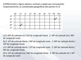 (UFRN) Analise a figura abaixo e assinale a opção que corresponde,
respectivamente, às coordenadas geográficas dos pontos X e Z.
a) X: 60º de Latitude Sul /15º de Longitude Oeste Z: 30º de Latitude Sul / 90º
de Longitude Leste
b) X: 15º de Latitude Norte / 60º de Longitude Leste Z: 90º de Latitude Norte /
30º de Longitude Oeste
c) X: 60º de Latitude Norte / 15º de Longitude Leste Z: 30º de Latitude Norte /
90º de Longitude Oeste
d) X: 15º de Latitude Sul / 60º de Longitude Oeste Z: 90º de Latitude Sul / 30º
de Longitude Leste
 