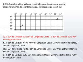 (UFRN) Analise a figura abaixo e assinale a opção que corresponde,
respectivamente, às coordenadas geográficas dos pontos X e Z.
a) X: 60º de Latitude Sul /15º de Longitude Oeste Z: 30º de Latitude Sul / 90º
de Longitude Leste
b) X: 15º de Latitude Norte / 60º de Longitude Leste Z: 90º de Latitude Norte /
30º de Longitude Oeste
c) X: 60º de Latitude Norte / 15º de Longitude Leste Z: 30º de Latitude Norte /
90º de Longitude Oeste
d) X: 15º de Latitude Sul / 60º de Longitude Oeste Z: 90º de Latitude Sul / 30º
de Longitude Leste
 