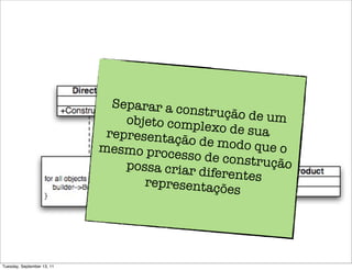 Separar a co
                                           nstrução de
                                objeto compl            um
                                             exo de sua
                             representaç
                                         ão de modo q
                            mesmo proc                 ue o
                                        esso de cons
                                possa criar d        trução
                                              iferentes
                                   representaç
                                                 ões




Tuesday, September 13, 11
 