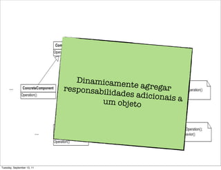 Dinamicame
                                            nte agregar
                            responsabili
                                         dades adicio
                                                      nais a
                                     um objeto




Tuesday, September 13, 11
 